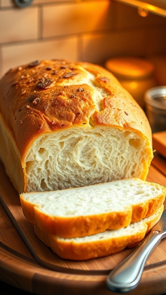 Freshly baked no-knead sandwich bread loaf, sliced to show fluffy interior, on a wooden cutting board.